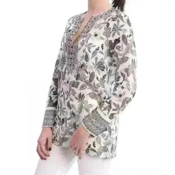 TORY BURCH Embellished Botanical Print Tunic Size 2 Floral Green Tan - Picture 3 of 9